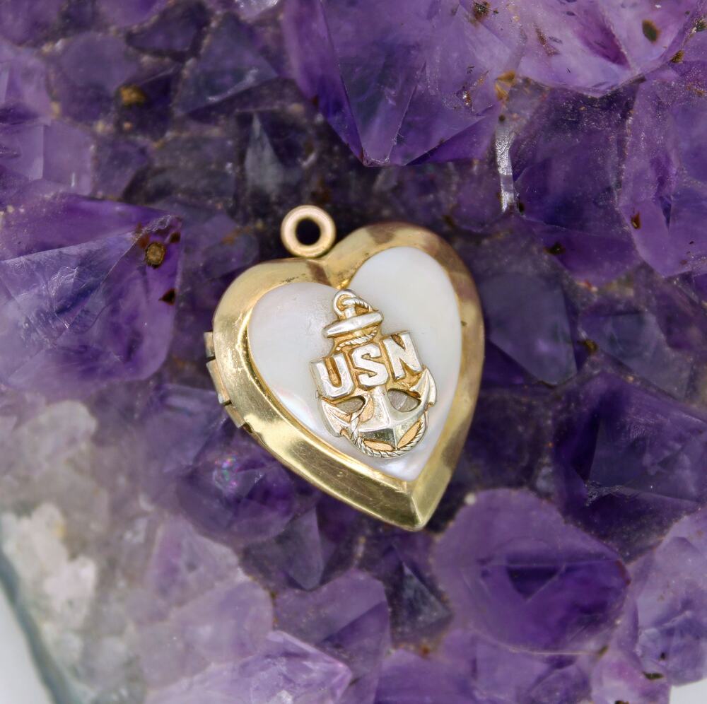 WWII Era 12kt Gold Overlay/Sterling U.S. Navy Mother of Pearl Heart Locket